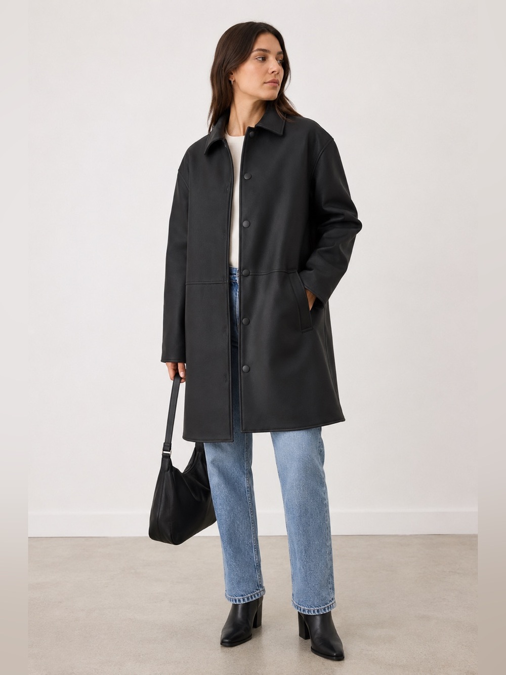 ASOS DESIGN Black Faux Leather Longline Coat Jacket Size M